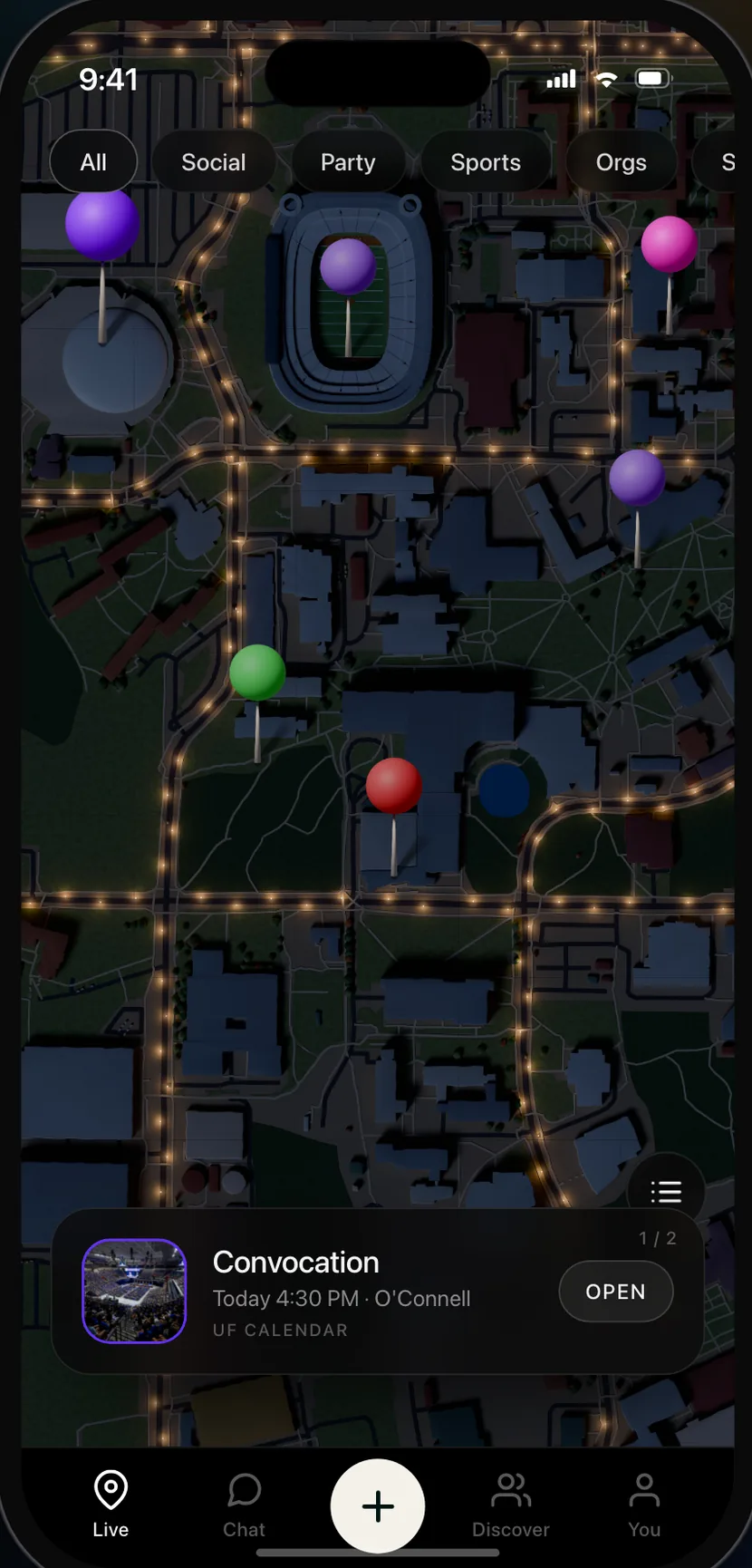 Bulletin's live map screen showing a hand-built campus with colored event pins and an event card at the bottom.