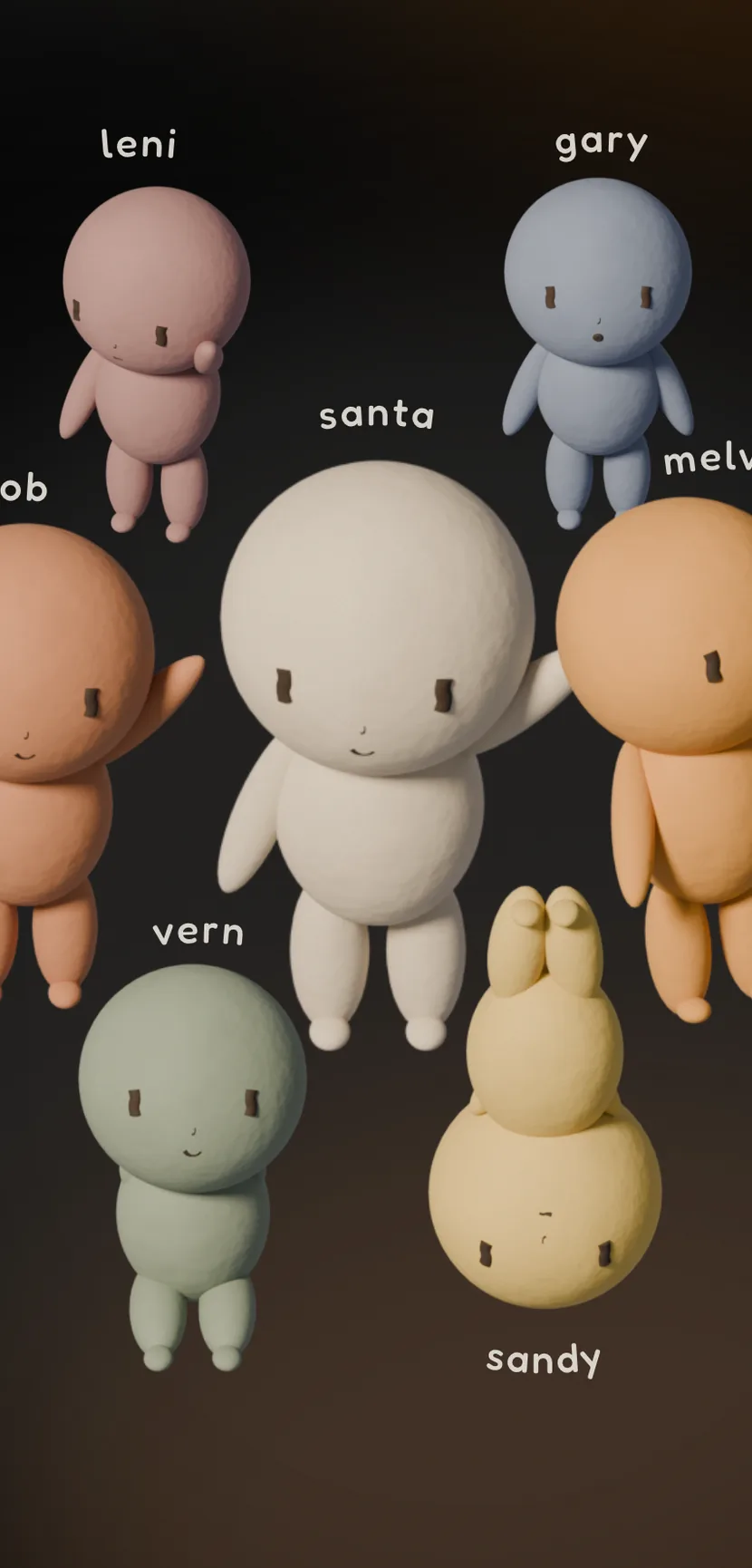 Seven clay mascot characters representing different students in the app.