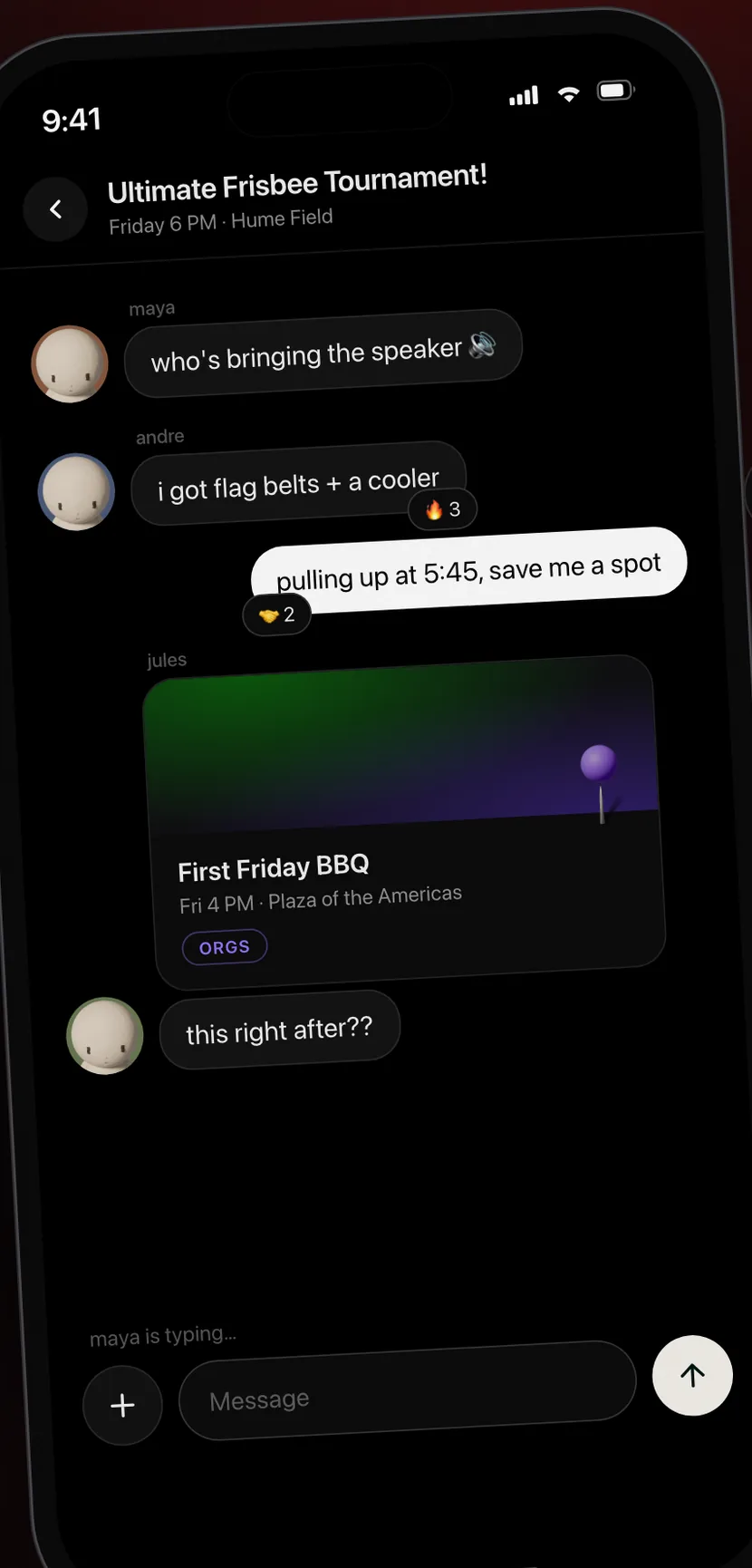 A per-event group chat with messages, reactions, and a shared photo.